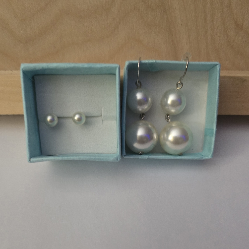 Faux Vintage Pearl Studs And Pearl Double Drop Earrings